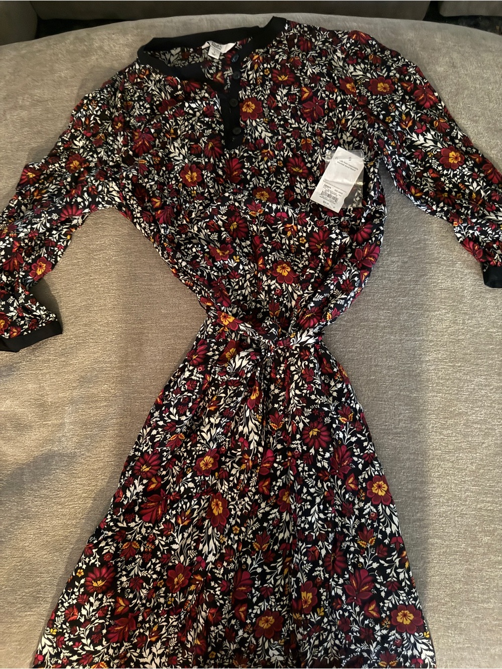 croft & barrow Black Floral Long-Sleeve Tie-Waist Midi Dress